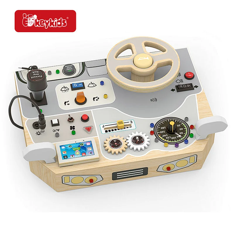 Wooden Car Dashboard Busy Board with Steering Wheel and Gears for Toddler Driving Pretend Play W12D768